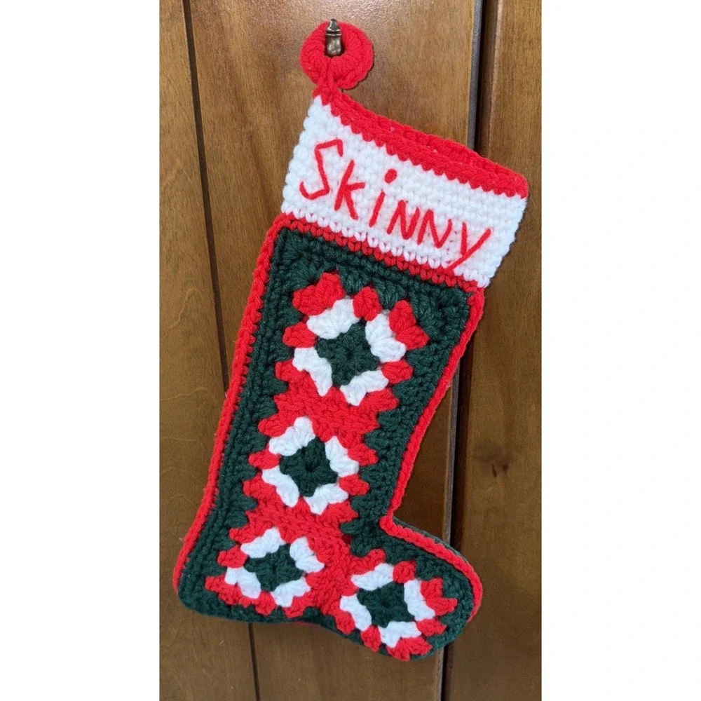 Vintage Hand Crocheted Chunky Knit Granny Squares Christmas Stocking SKINNY